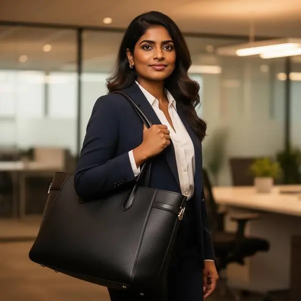Classy working woman carrying premium leather bag Dhaka – stylish office handbag