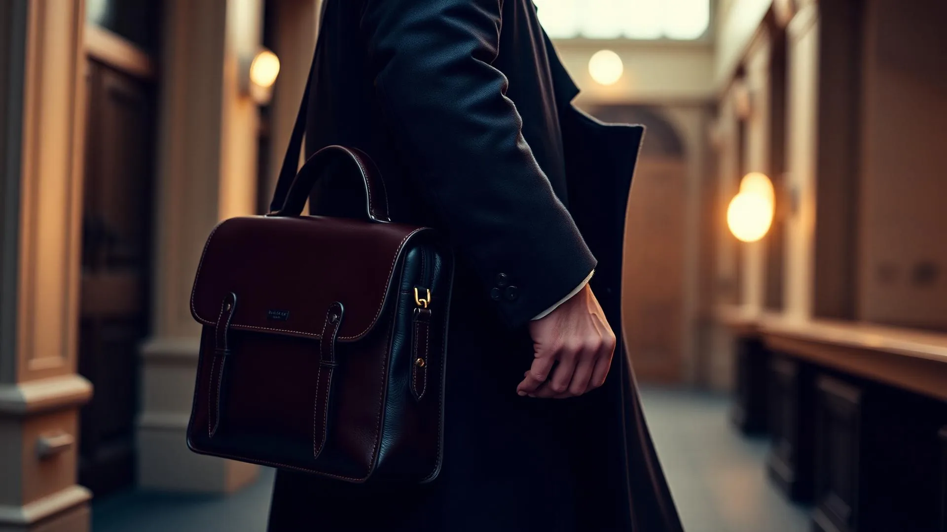 Model carrying a ZYRO full-grain leather messenger bag